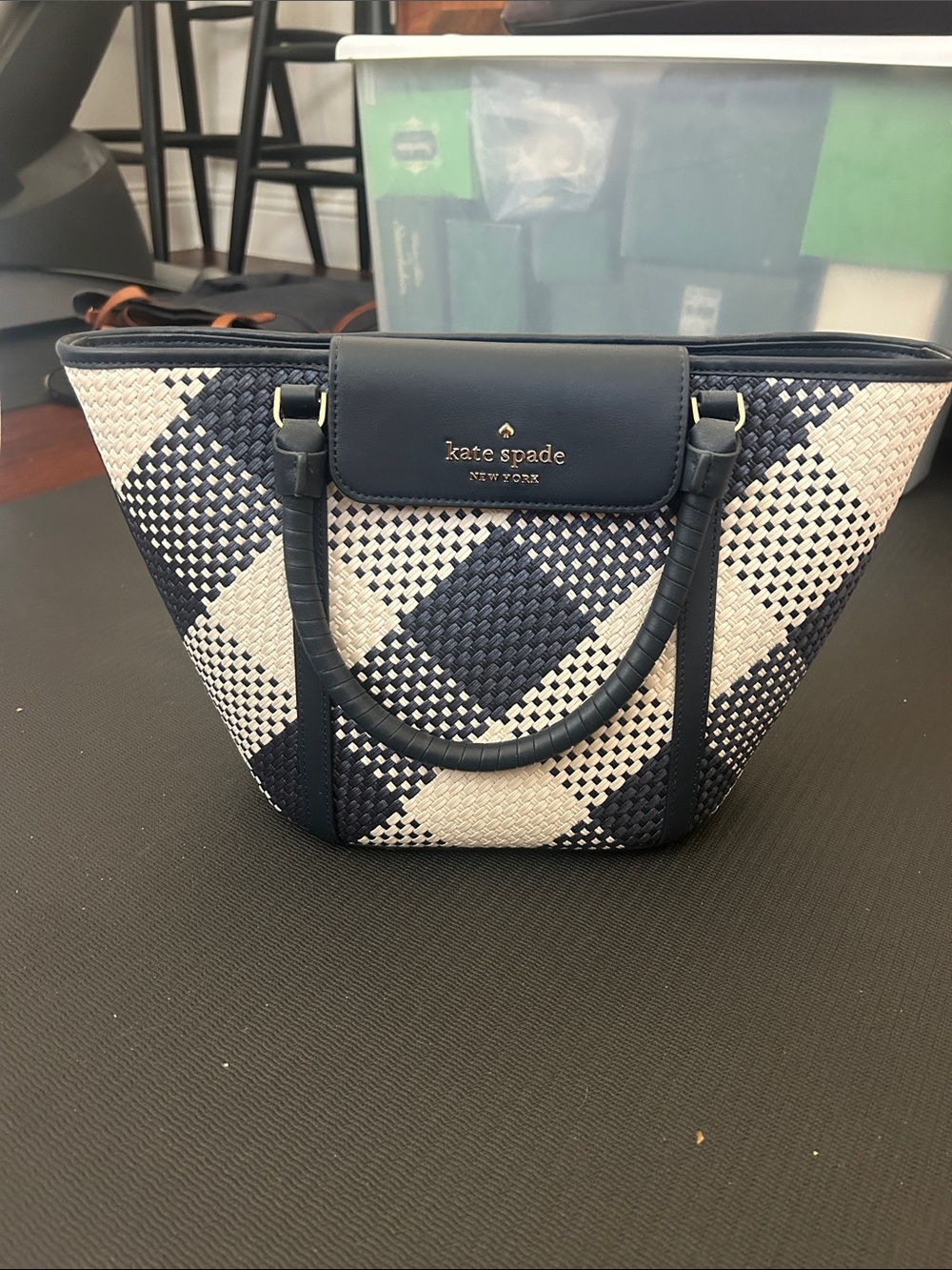 kate spade Navy and White Woven Check Tote